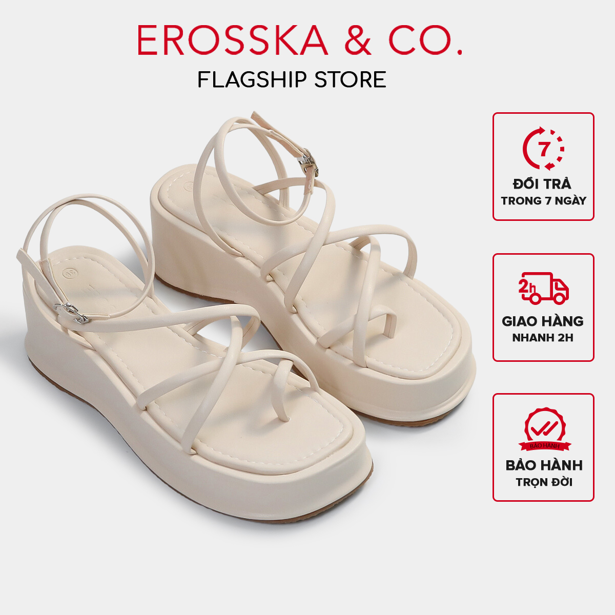 Erosska - Sandal đế xuồng dây quai mảnh kiểu dáng xỏ ngón màu kem cao 5cm - SB001 (Version 2)
