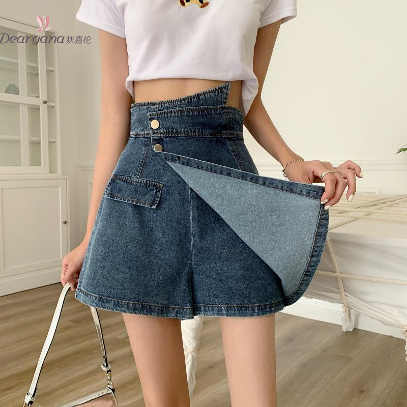 Quần Chân Váy Ngắn Denim Cạp Cao Siêu Nhỏ Cỡ Lớn Quần Ống Rộng Chữ A Không Đều Mm Chống Rỗng Không Đều Mùa Hè Cho Nữ#L0110