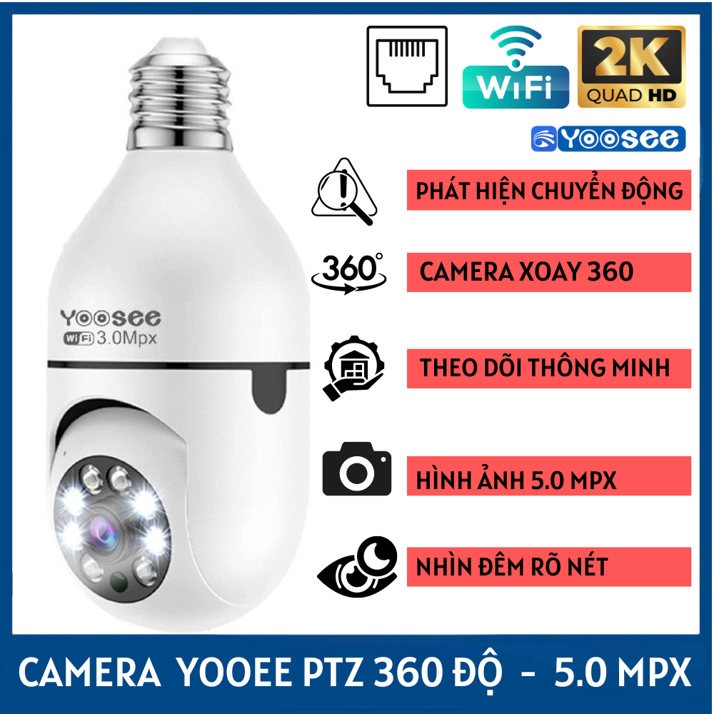 Camera Yoosee PTZ bóng đèn xoay 360 độ - 5.0Mpx FHD1080p hình ảnh chất lượng rõ nét - Ban đêm có màu - Báo động chống trộm hiệu quả - Bảo hành 12 tháng