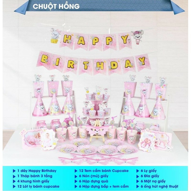 Set phụ kiện giấy trang trí bàn tiệc sinh Nhật cho bé yêu gồm 62 phụ kiện như ảnh