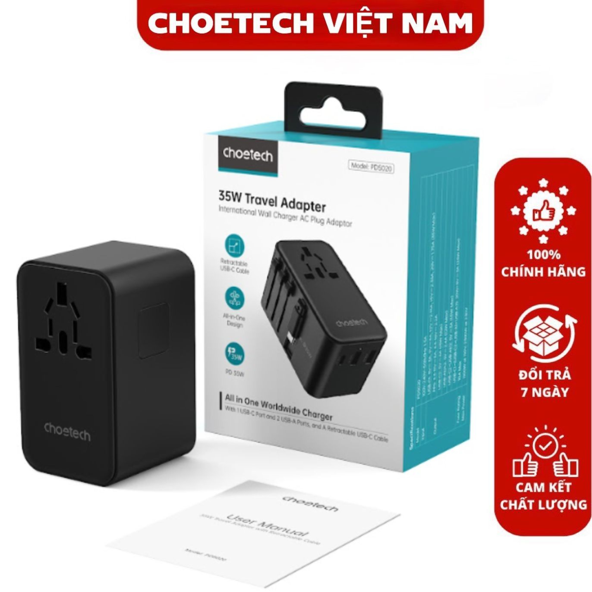 Củ sạc du lịch đa năng tích hợp thêm dây cáp sạc Type C Choetech PD5020 (35W)/ Choetech PD5021 (45W)/ Choetech PD5022 (70W)