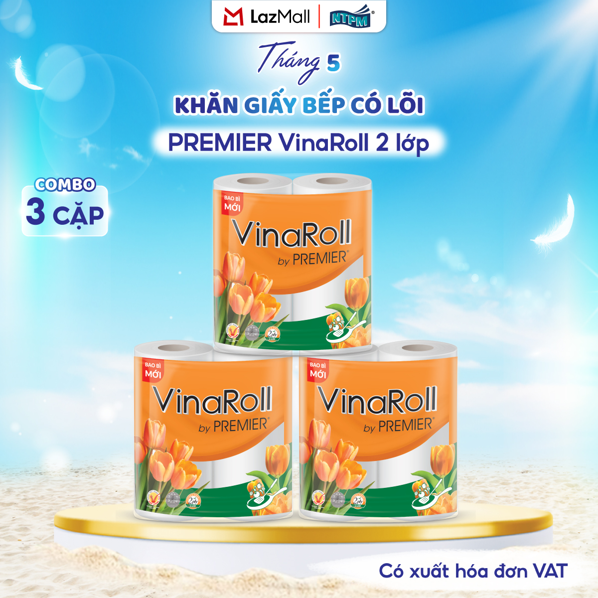 [COMBO 3 LỐC] Khăn giấy bếp PREMIER VinaRoll, 2 lớp – 100% bột giấy nguyên sinh, không chất tẩy, 2 cuộn/lốc – Chính hãng