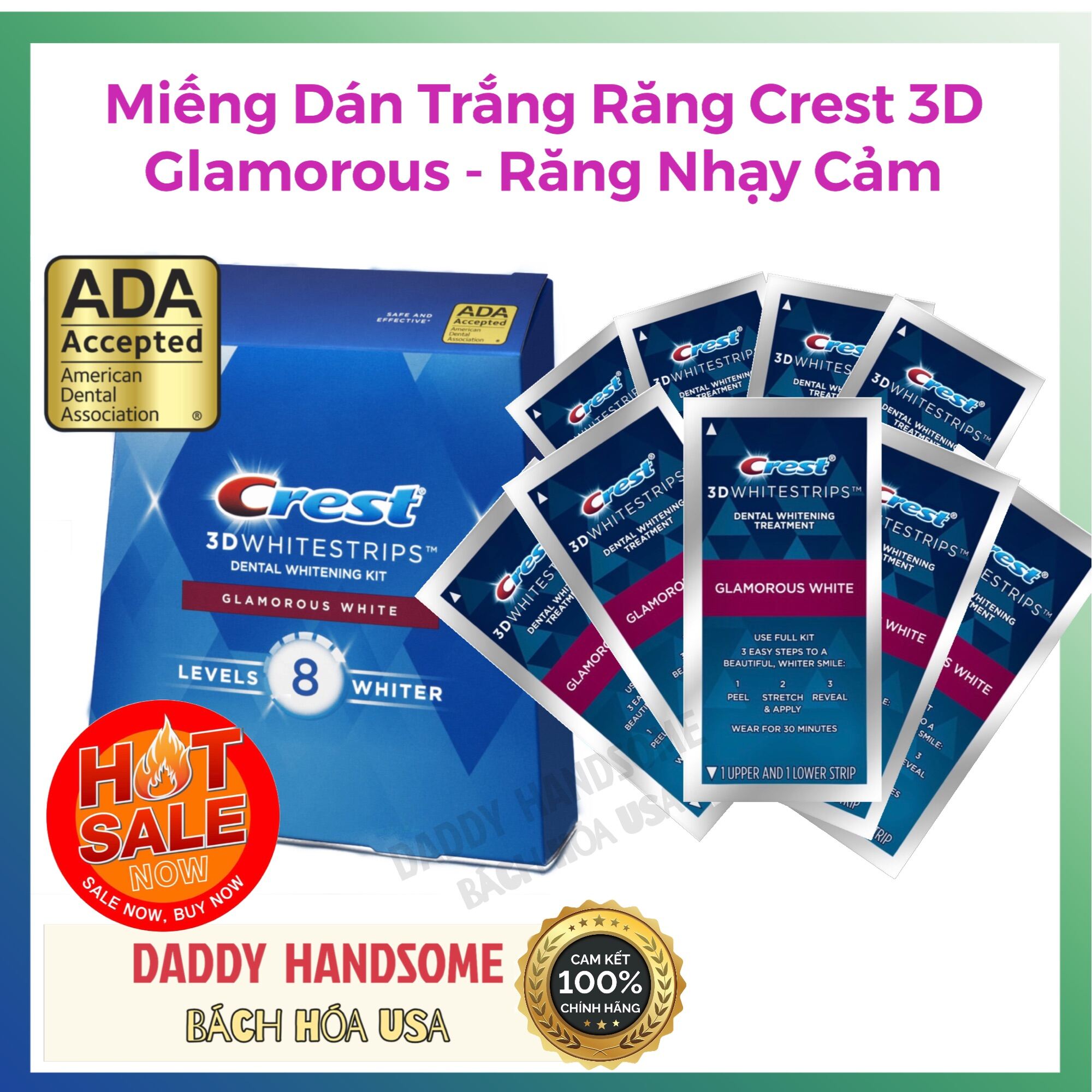 Hộp miếng dán trắng răng crest 3d white glamorous răng nhạy cảm 14 gói chính hãng mỹ