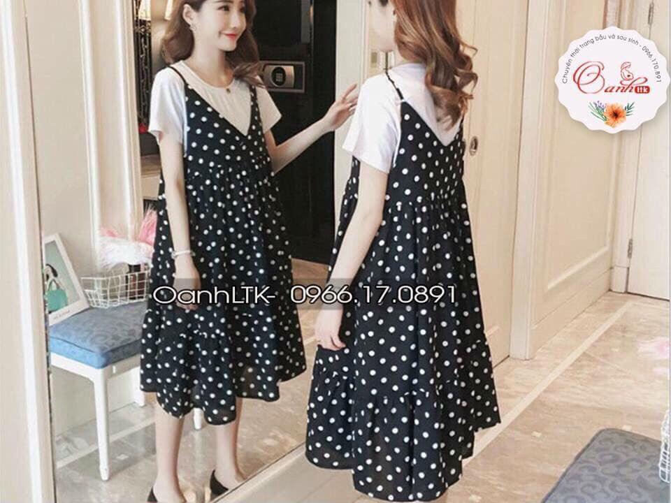 Váy bầu hai dây thiết kế cổ tròn