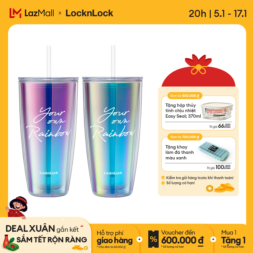 Ly nhựa 2 lớp Lock&Lock màu Violet kèm ống hút Your Own Rainbow double wall cold cup with straw HAP507VOLH