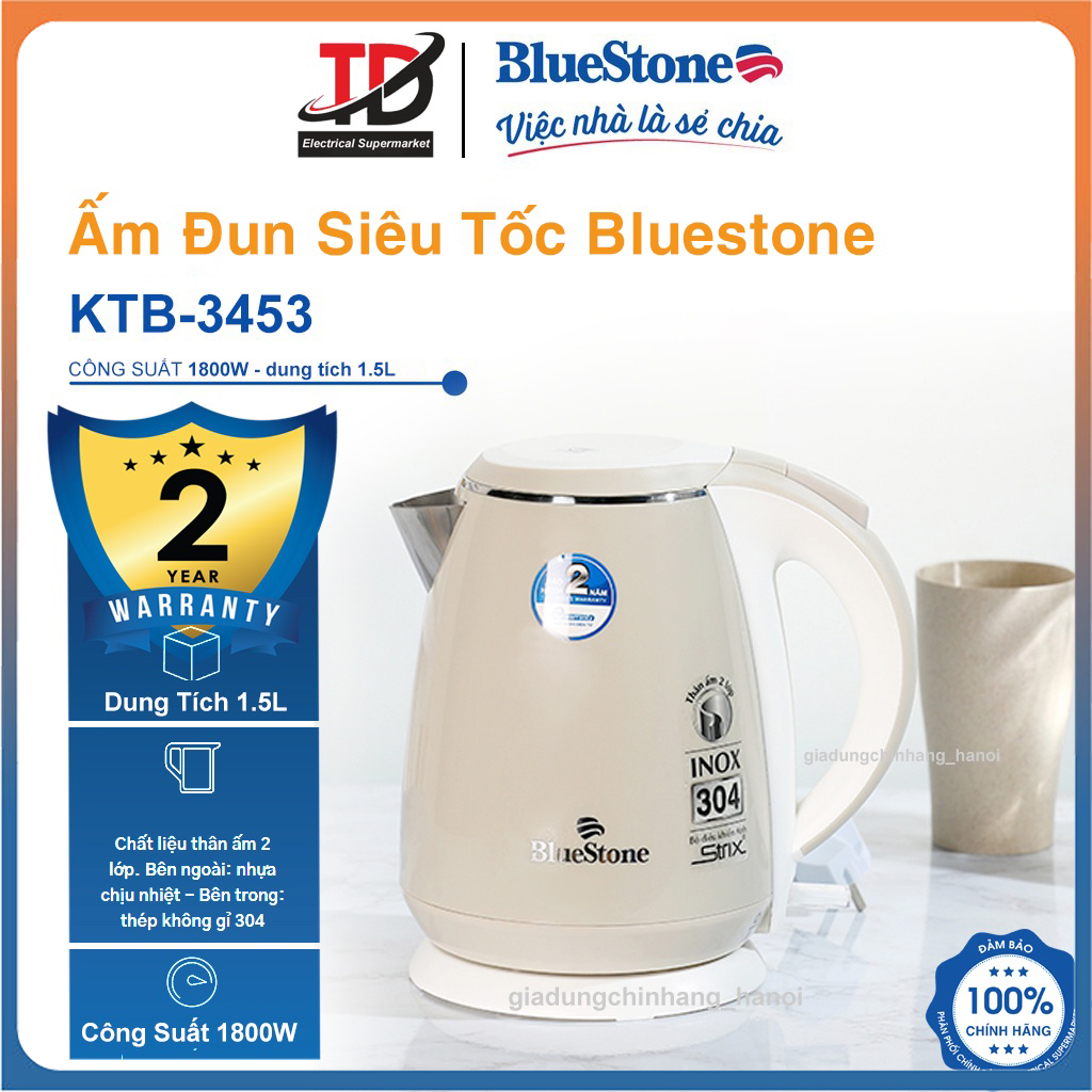 Ấm đun siêu tốc bluestone ktb-3453, 1.5lít - 1800w, inox 304 an toàn, hàng chính hãng