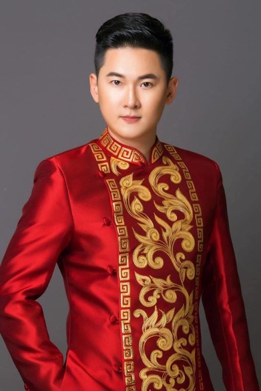 Áo dài cách tân nam màu đỏ họa tiết vẽ tay cao cấp