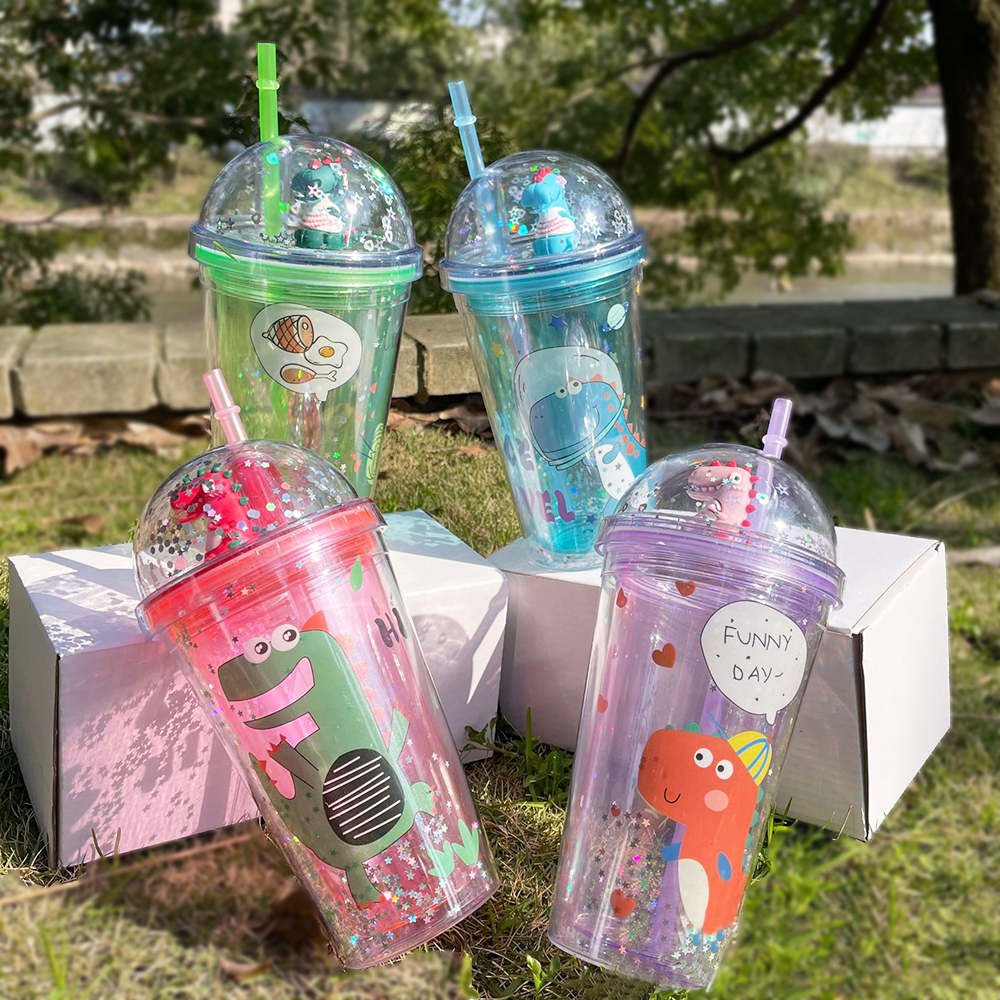 Ly Giữ Nhiệt Kim Tuyến Khủng Long 3D 500ml Tặng Kèm Ống Hút, Bình Đựng Nước Giữ Nhiệt Kim Tuyến 2 Lớp Cách Nhiệt