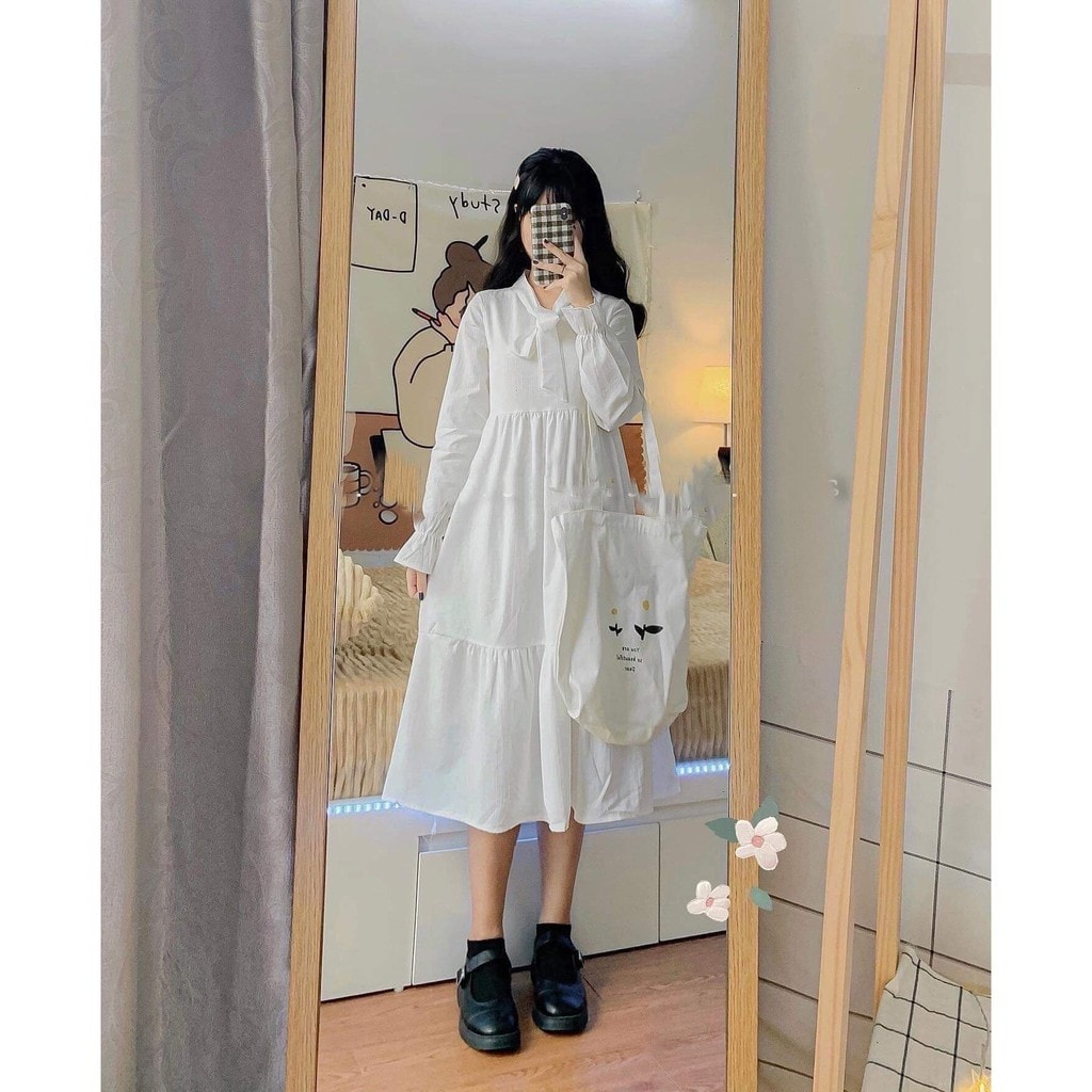 Đầm váy babydoll dáng suông thắt nơ dễ thương