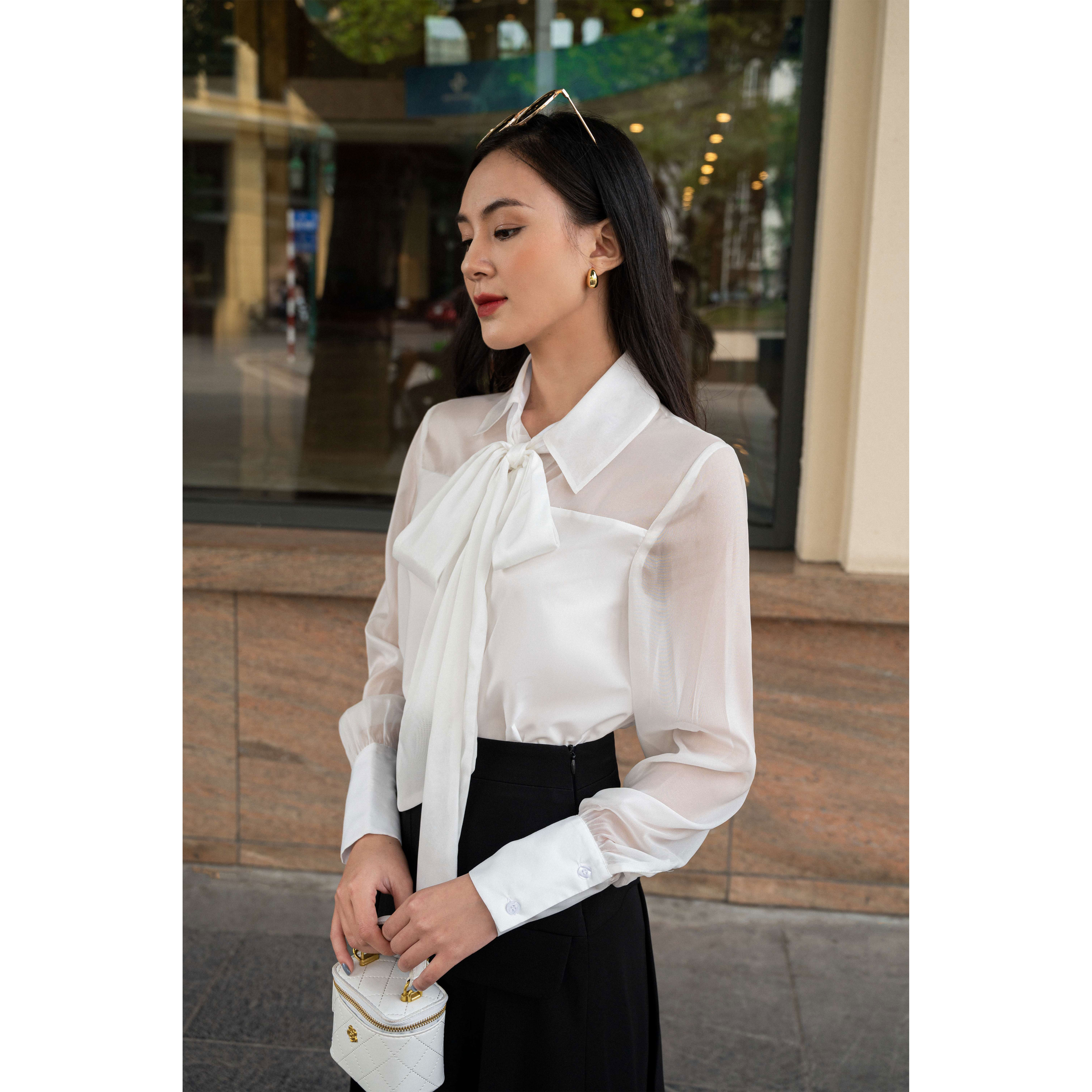 Sơ mi trắng phối thân cổ nơ 03shi412 - maiimer