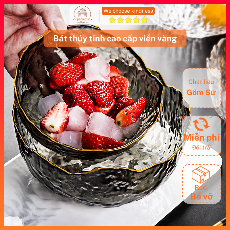 Bát thủy tinh, tô thủy tinh đựng salad viền vàng sang trọng 2 màu trắng đen - bát phụ kiện bàn ăn