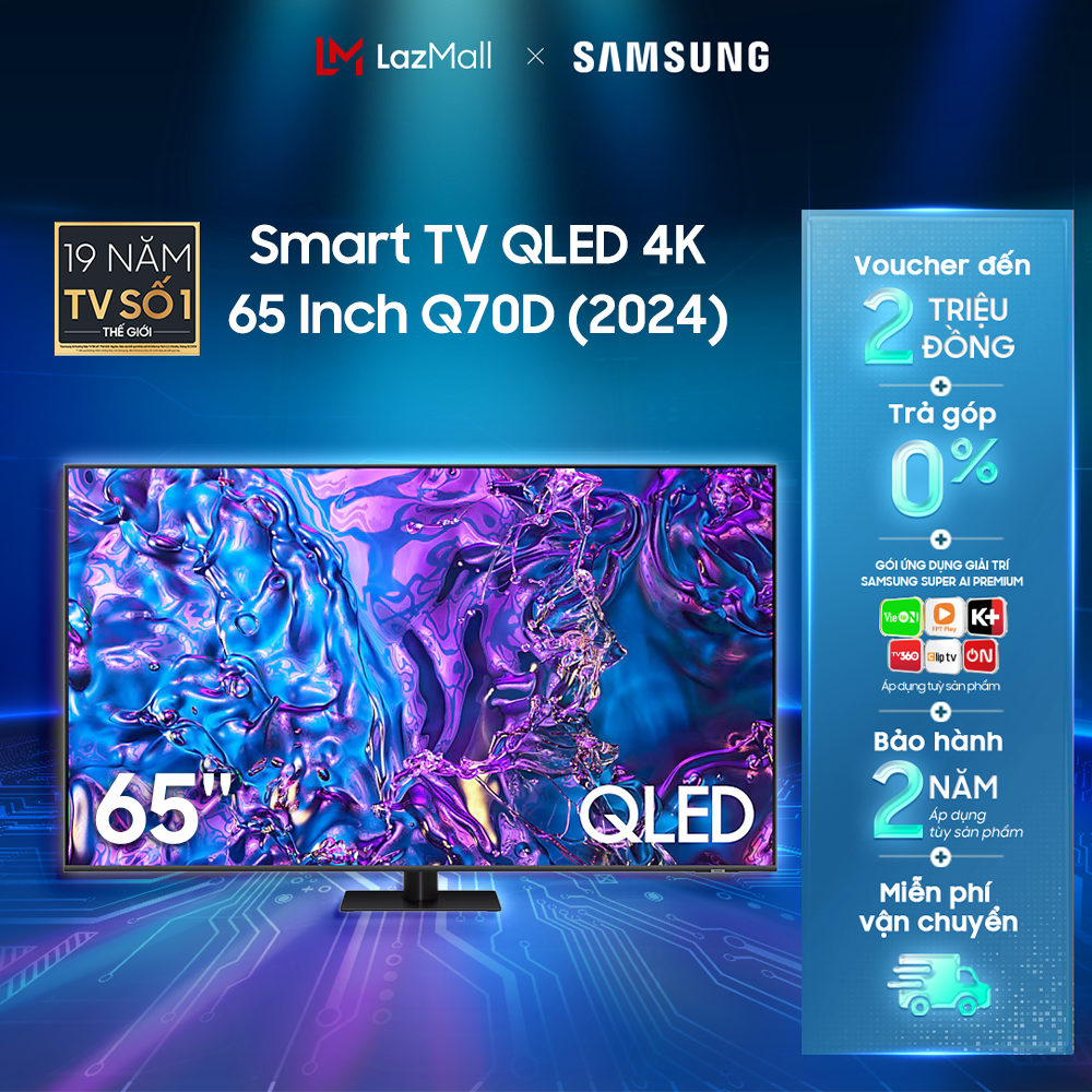 SALE TO-FREESHIP 200K Smart Tivi Samsung 65 Inch QLED Q70D QA65Q70DAKXXV 4K Tizen OS Smart TV 2024 - Hàng Chính Hãng - Phân Phối Bởi Lazada - MIỄN PHÍ VẬN CHUYỂN TOÀN QUỐC