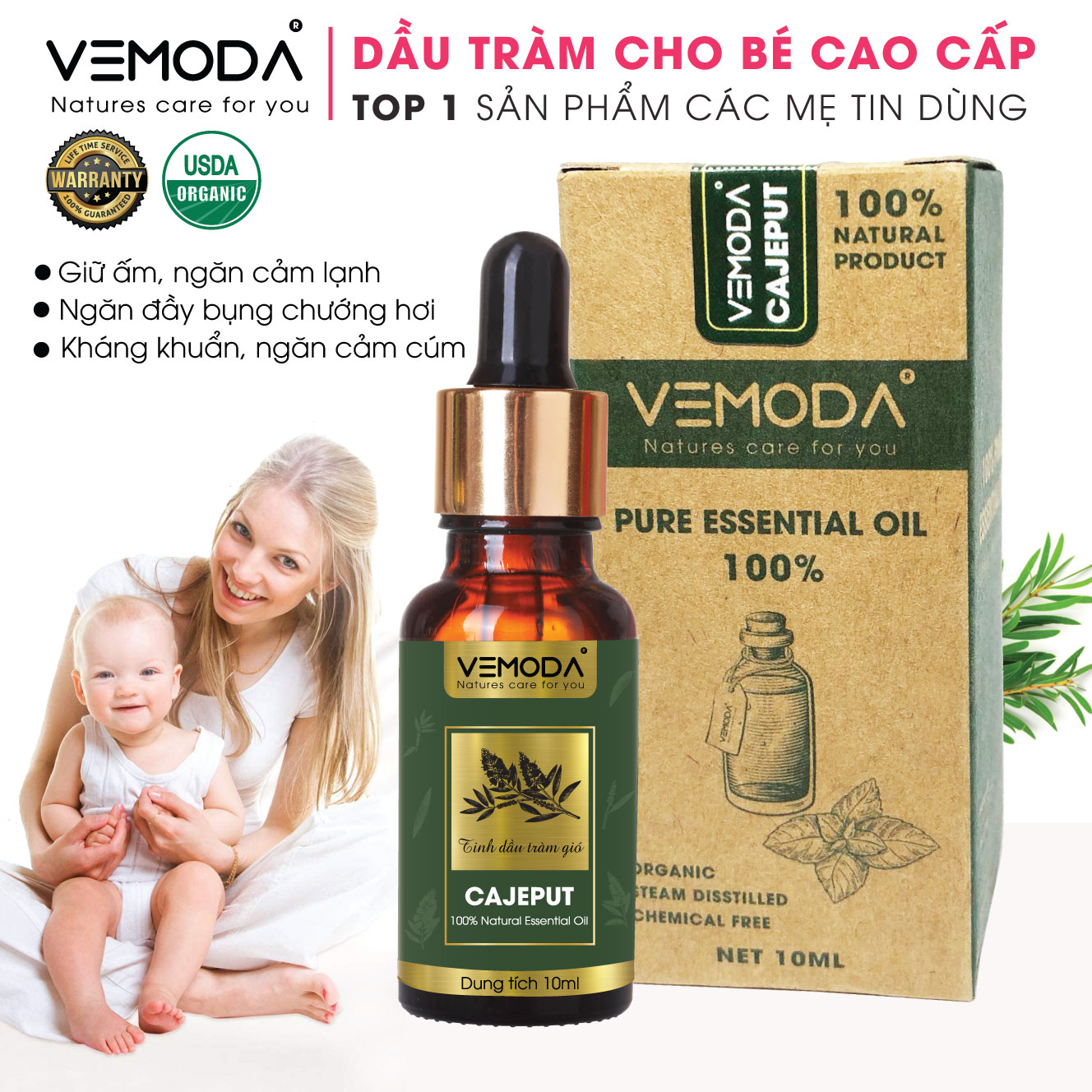 Dầu tràm cho bé cao cấp an toàn. Tinh dầu tràm gió Vemoda giúp giữ ấm, kháng khuẩn và chăm sóc bé yêu