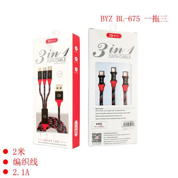 Cáp sạc 3 in 1 byz bl-675, dây dù, dài 1.2m lightning/ micro usb /type c