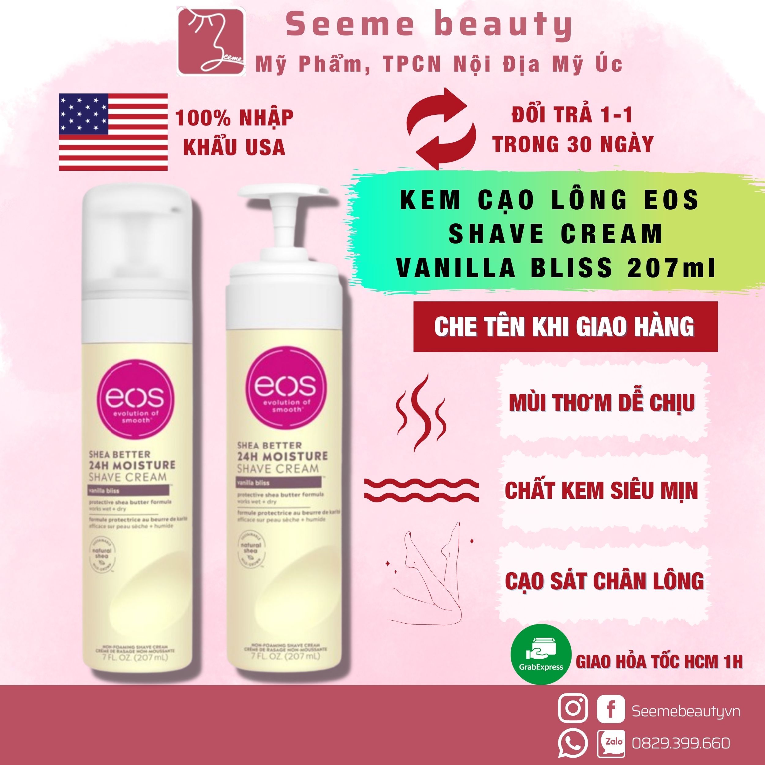 Kem Cạo Lông Eos Shave Cream Vanilla Bliss Chai 207 ml Seeme Beauty