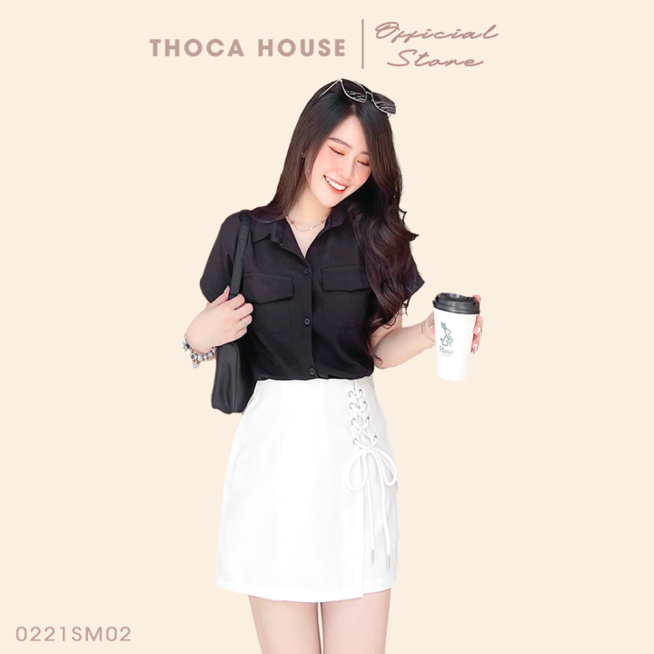 Áo sơ mi công sở túi nấp tay ngắn trơn đen, trắng THOCA HOUSE basic phong cách cơ bản, phối đồ dễ dàng đi làm