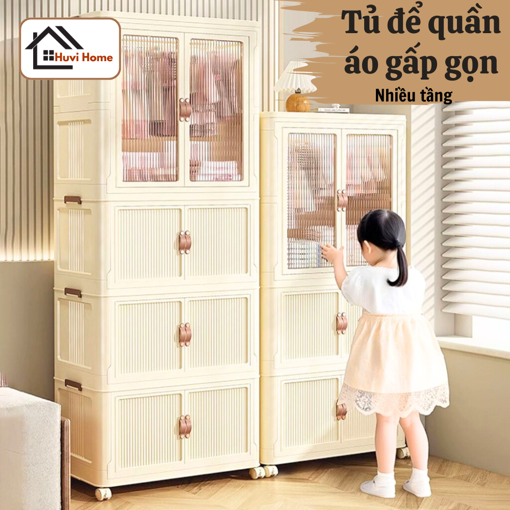 Tủ quần áo gấp gọn, tủ nhựa để đồ có bánh xe, cửa trong suốt khóa nam châm, chất liệu nhựa PP cao cấ