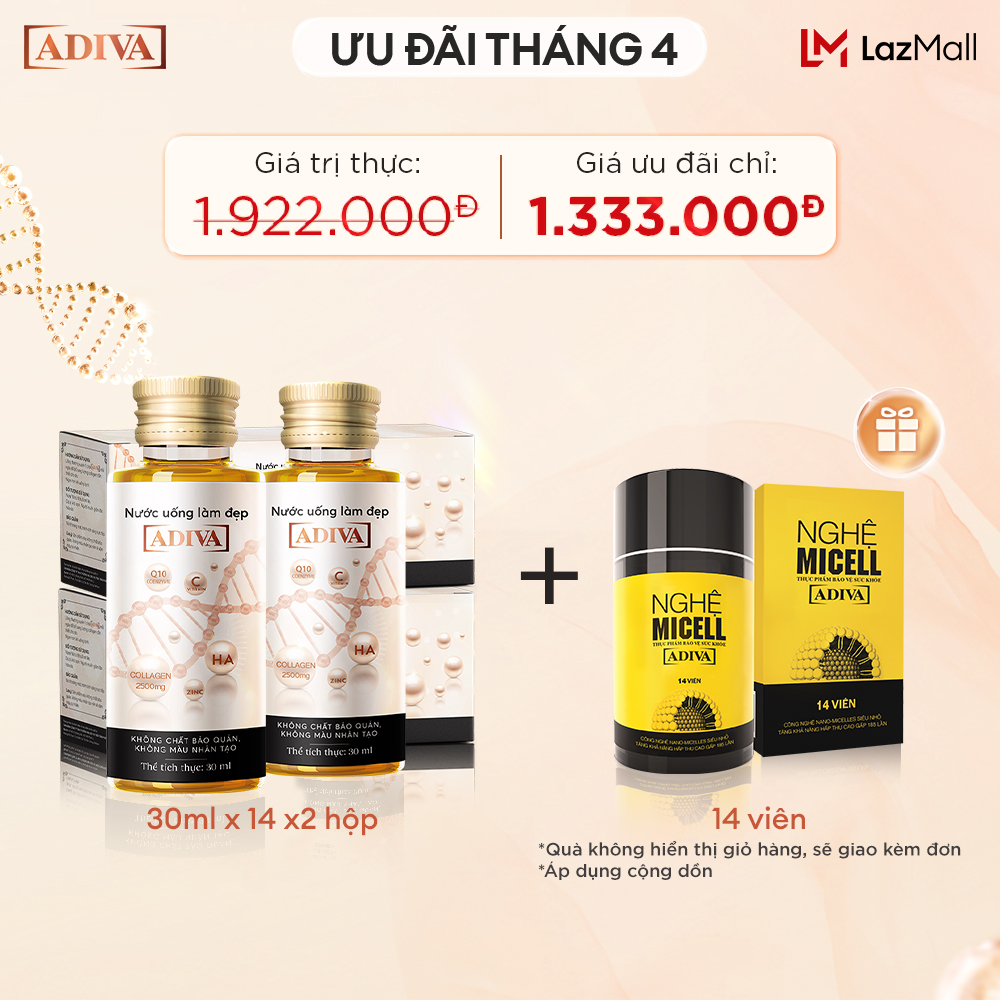 2 Hộp Nước Uống Làm Đẹp Collagen ADIVA 14 Chai Hộp Tặng 1 Nghệ Micell