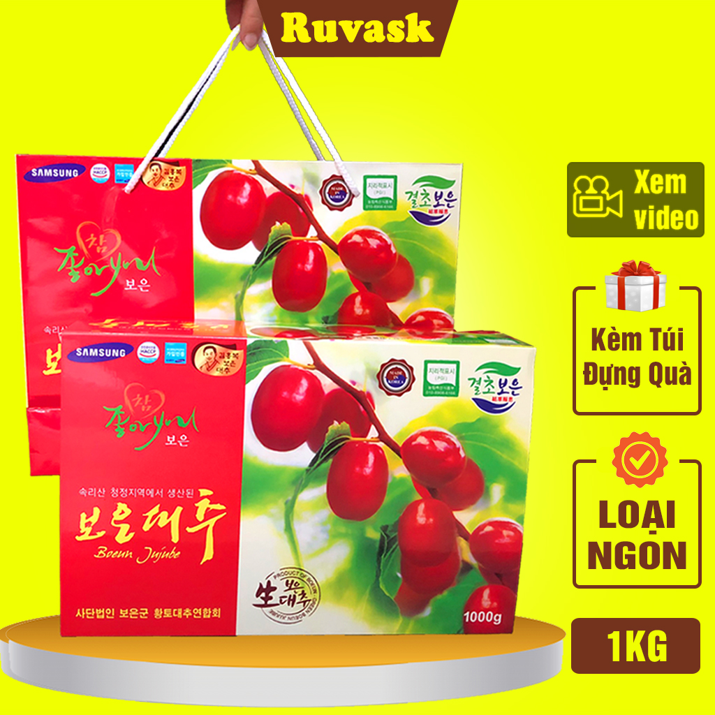 Táo Đỏ Hàn Quốc Sấy Khô Samsung Boeun Jujube ĐỦ 1KG + Tặng Kèm Túi Đựng Hộp Làm Quà Biếu Quà Tết - Đồ Ăn Vặt Nội Địa Hàn Quốc -Ruvask