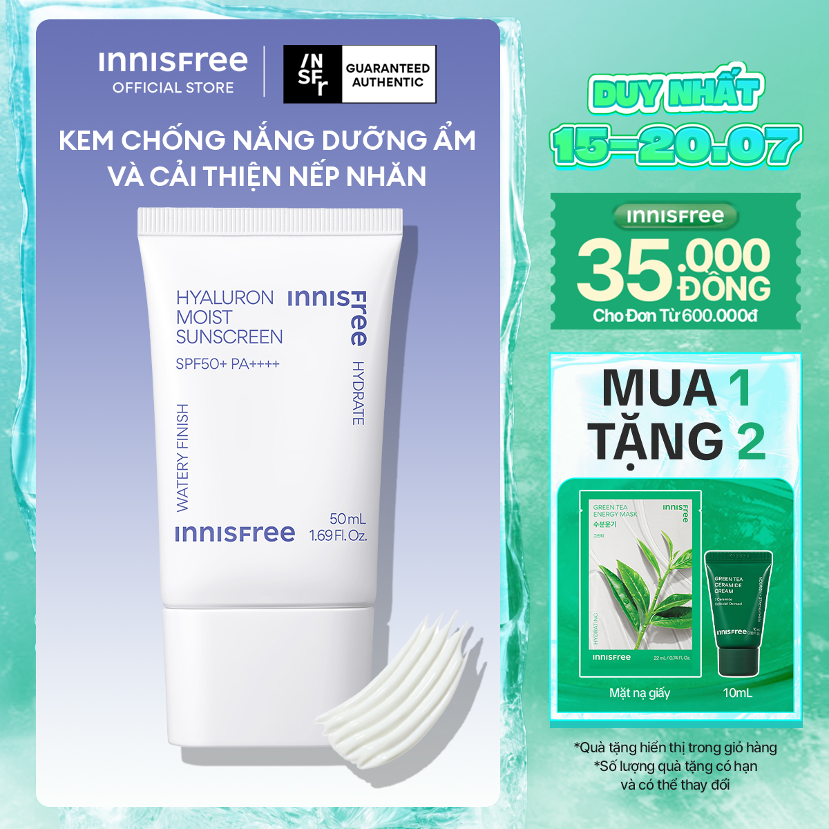 Kem chống nắng dưỡng ẩm INNISFREE Hyaluron Moist Sunscreen SPF50+ PA++++