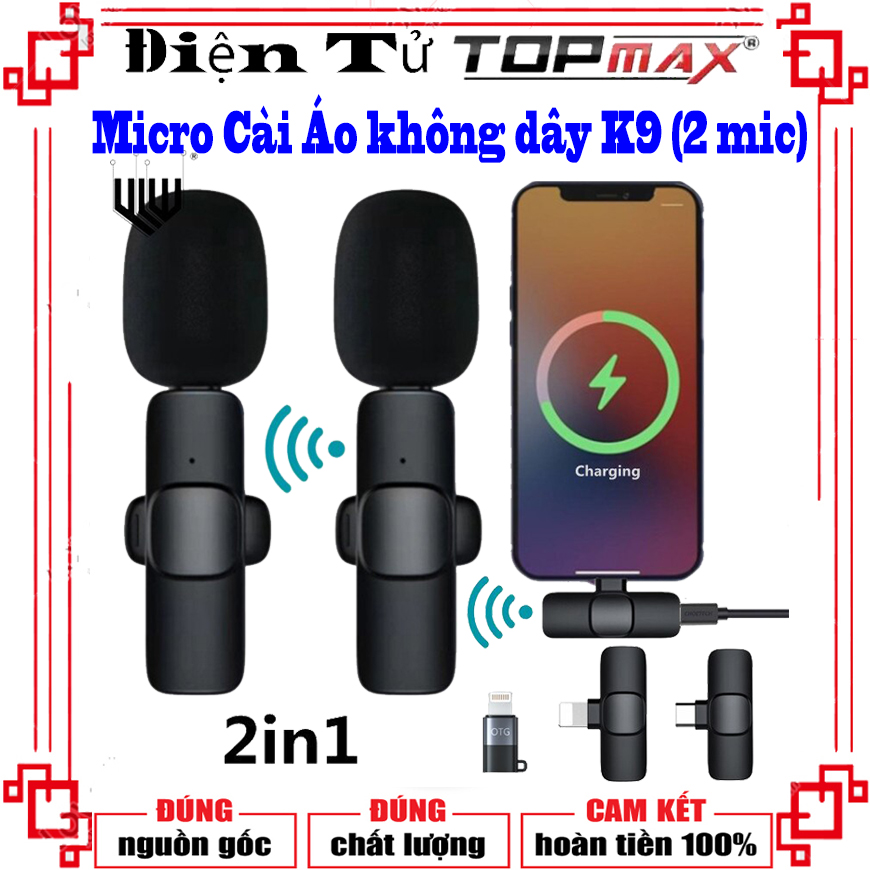 Micro Cài Áo, Micro không dây K9 khử tiếng ồn quay video vlog review sản phẩm kết nối Lightning iphone, Micro Lavalier Kẹp Áo Cổng 2.4 Giảm Ồn Tuyệt Đối, Mic Thu Âm Livestream, Ghi Âm, Karaoke, Âm Thanh Tuyệt Vời, Bảo Hành 12 Tháng.