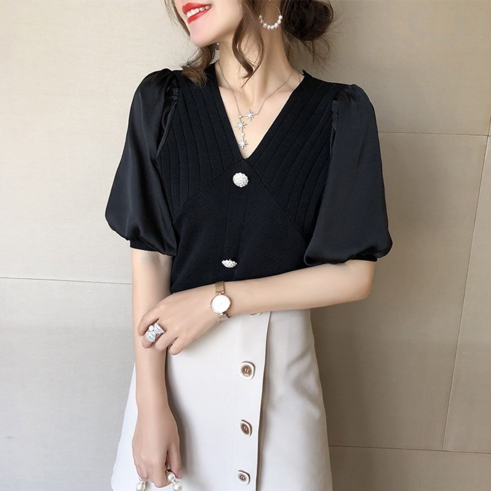 Áo thun len cổ tim tay voan phồng