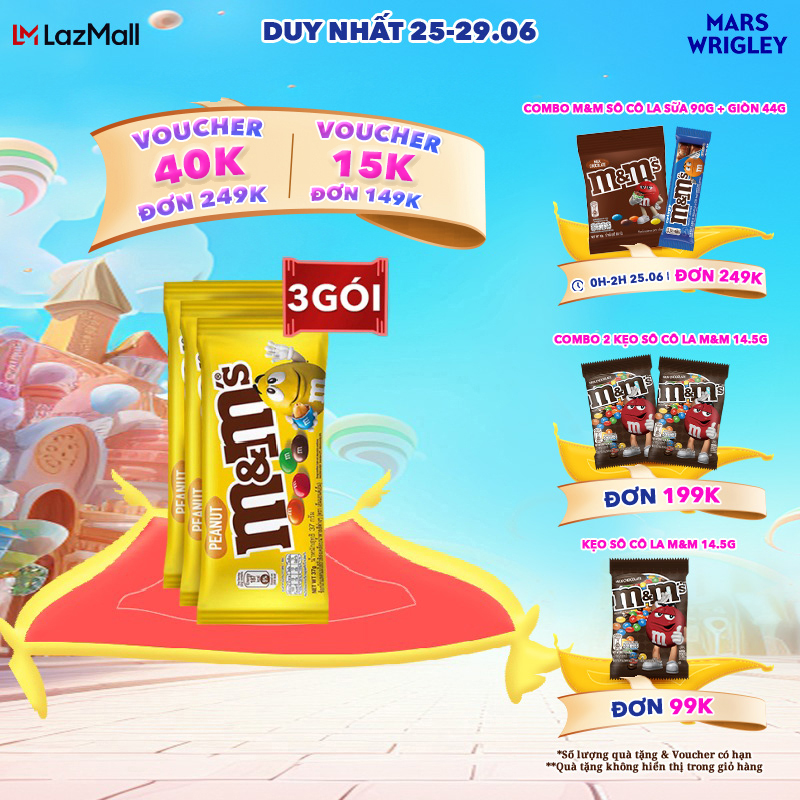 [CHỈ 25-29.06 - MUA 1 ĐƯỢC 3 từ 99K - SLCH] Combo 3 gói Kẹo Sô Cô La Đậu Phộng M&M'S 37g
