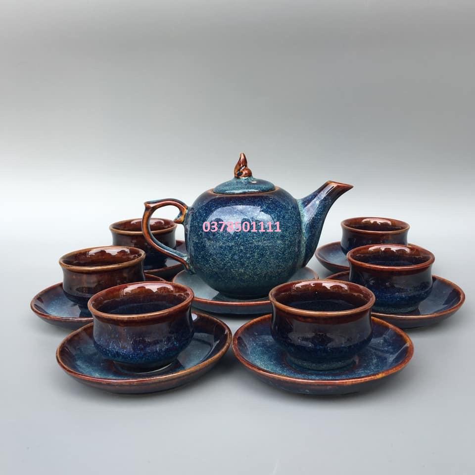 Bộ ấm chén Bát Tràng  men hỏa biến dáng chóp lửa
