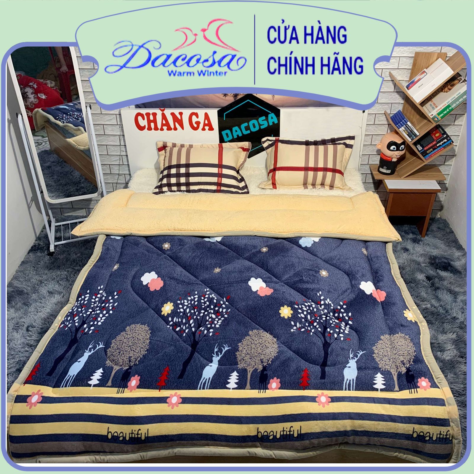 Chăn lông cừu mùa đông siêu ấm 3 lớp dày phồng hàng xuất khẩu kích thước 1m7x2m