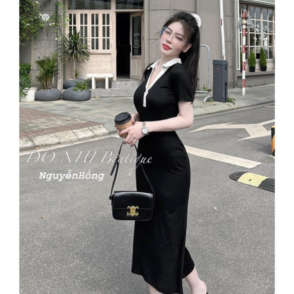 Váy body dáng dài đuôi cá cổ bẻ chất thun co dãn