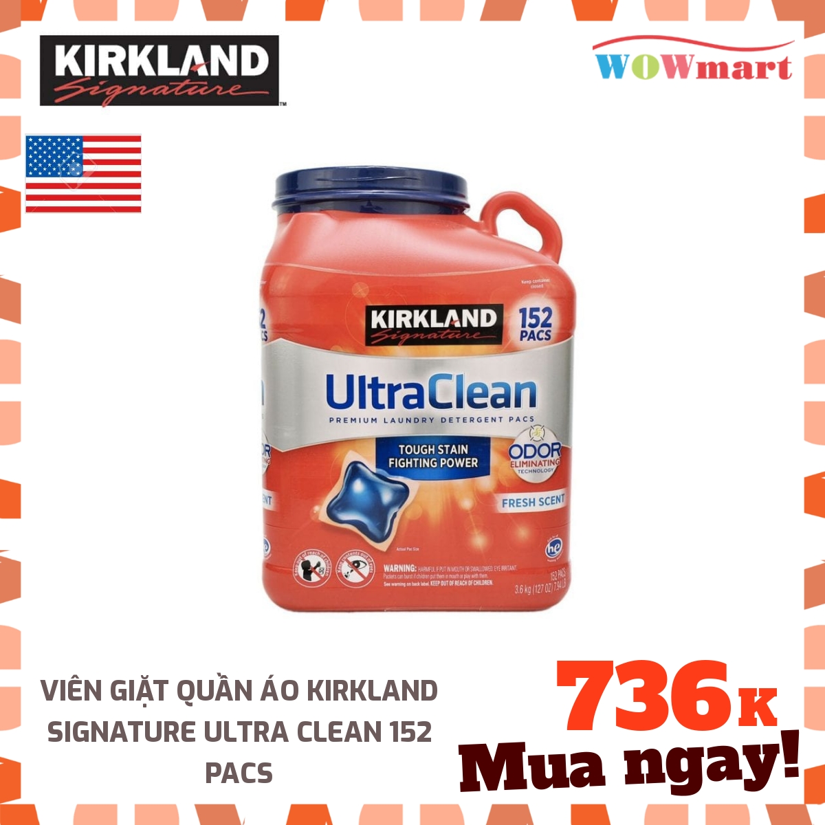 [HCM]Viên giặt quần áo Kirkland kháng khuẩn Kirkland Signature Ultra Clean 152 Pacs