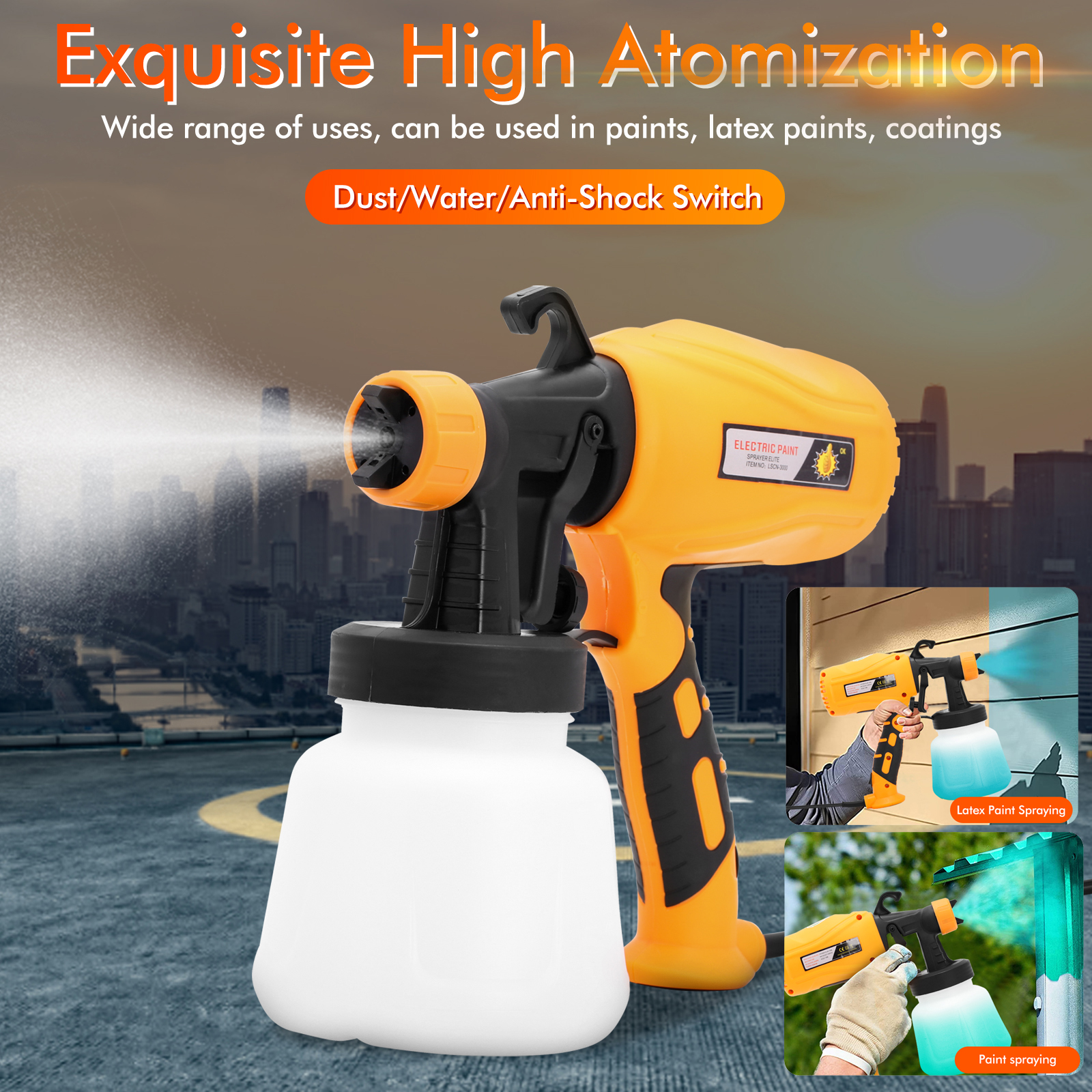 500W Súng phun áp lực cao , Máy phun sơn điện , máy phun sơn ,Thích hợp để phun trong nhà, phun tường bên ngoài, phun mái, chế tác gỗ, phun xe, phun lan can và các môi trường khác.