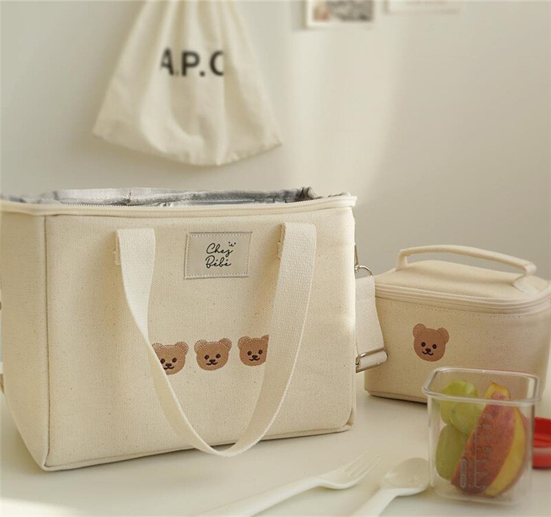 Túi Bỉm Sữa Giữ Nhiệt thêu hình Gấu chất liệu vải Organic Xuất Hàn Cao Cấp
