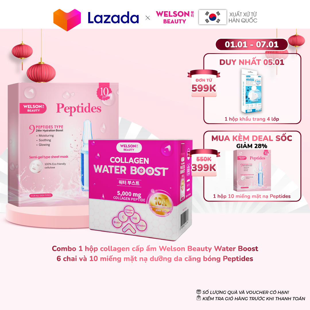 Combo 1 hộp Collagen cấp ẩm đẹp da Water Boost (6 chai) và 10 miếng mặt nạ cấp ẩm Peptides