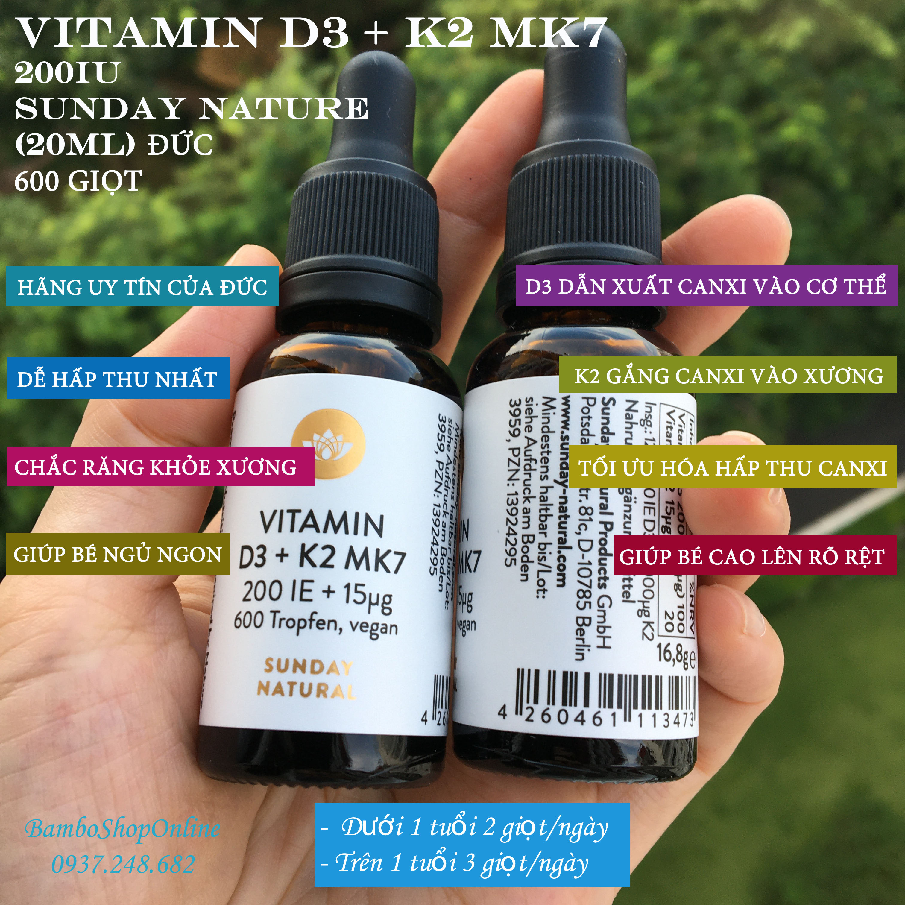 [HCM]Vitamin D3 + K2 200IU Sunday Nature (20ml) - Hàng Đức xách tay