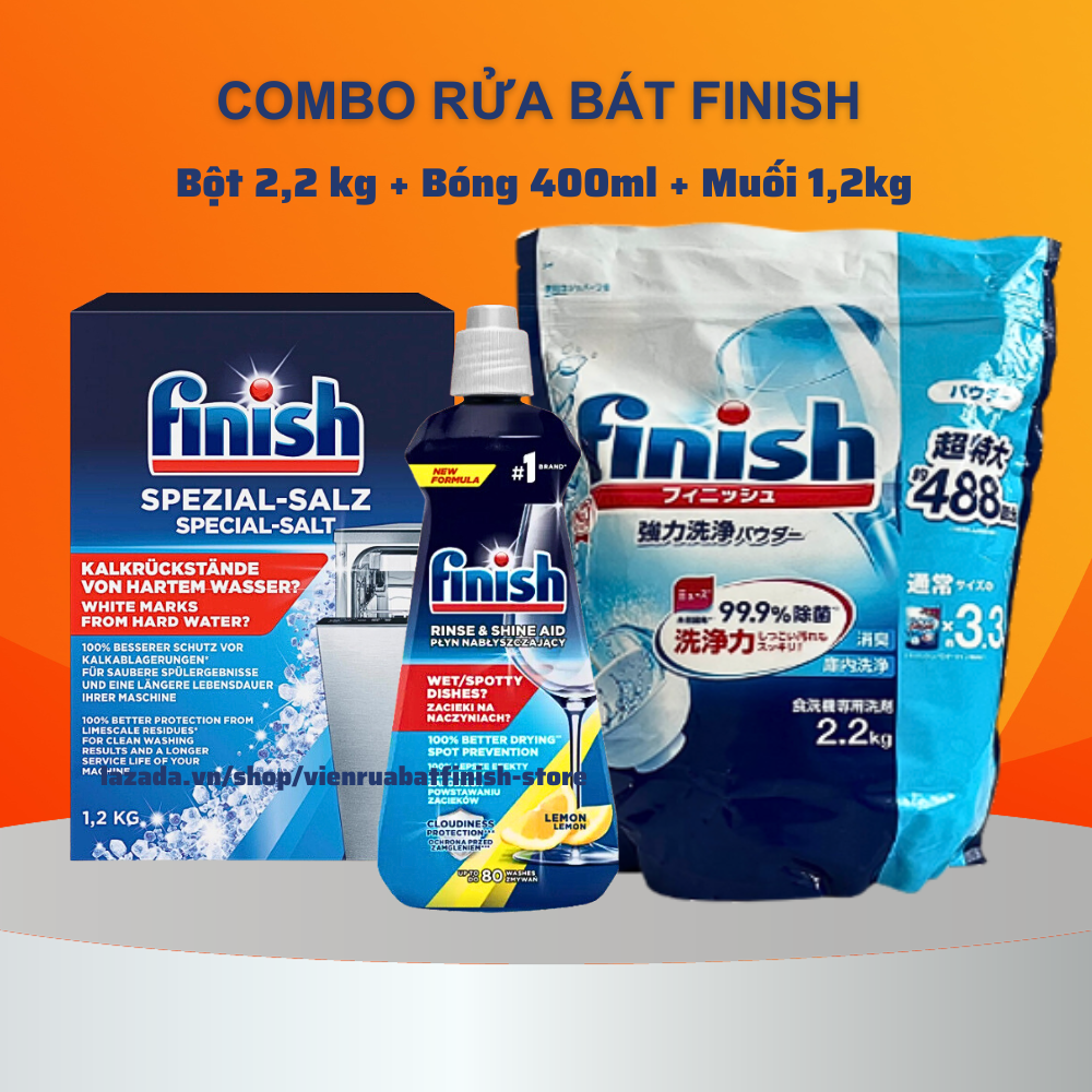 Combo Bột rửa bát Finish 2,2 kg +Bóng Finish 400ml+Muối Finish 1,2kg chuyên dùng cho máy rửa chén máy rửa bát