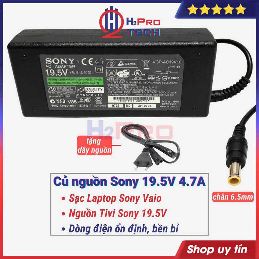 Củ Nguồn Adapter Sony 19.5V 4.7A Chân 6.5mm Dùng Sạc Laptop Hoặc Nguồn Tivi, Tặng Kèm Dây Nguồn 30K - H2Pro Tech