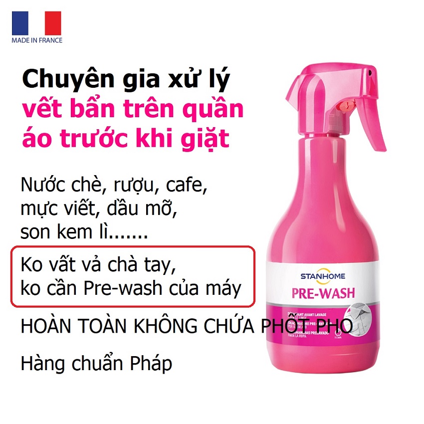 Stanhome Pre-wash. Xịt xử lý vết bẩn quần áo trước khi giặt. Ko cần chà sát. Ko cần Pre-wash của máy. Hàng chuẩn Pháp