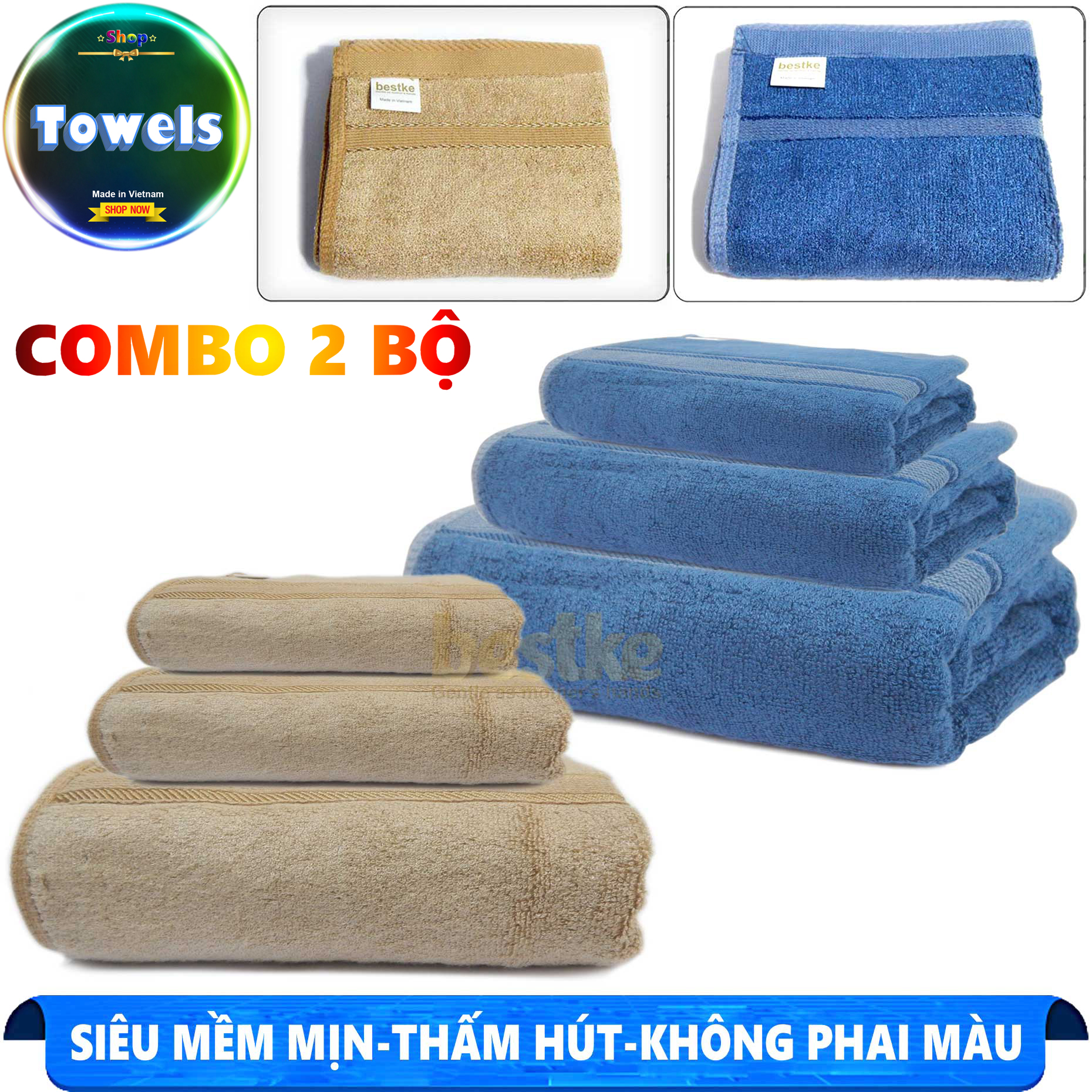 Khăn sợi tre , khăn tắm , khăn gội , khăn mặt bestke cao cấp , Combo 2 bộ = 6 khăn màu nâu, xanh