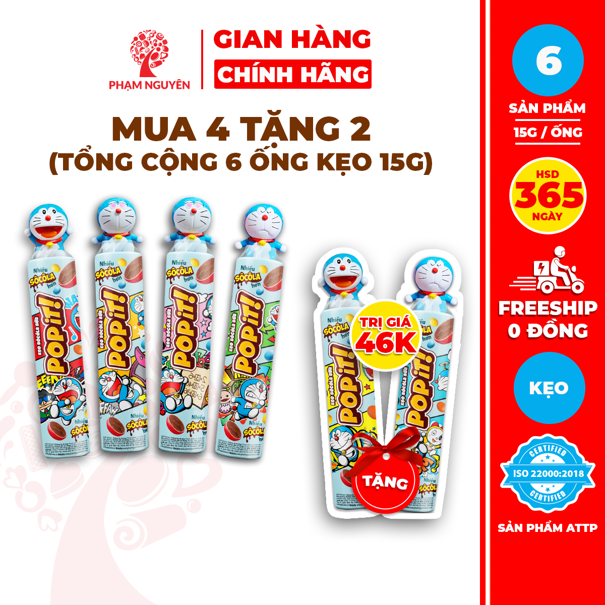 MUA 4 TẶNG 2 | Tổng cộng 6 Ống Kẹo Có Mô Hình Doreamon - kẹo socola sữa Popit 15g (Mẫu ngẫu nhiên) | Socola | Đồ ăn vặt