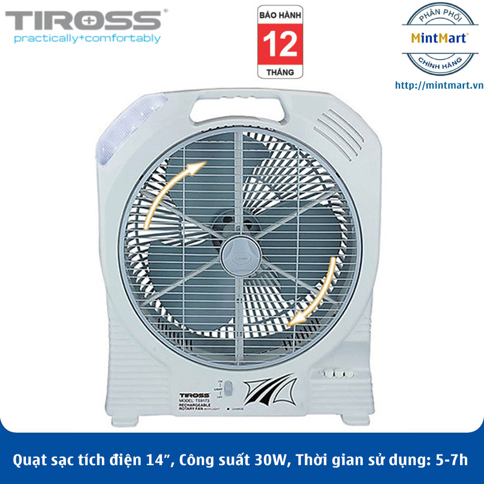 Quạt sạc tích điện 14" tiross ts9173, công suất 30w, thời gian sử dụng 5-7h - bảo hành 12 tháng