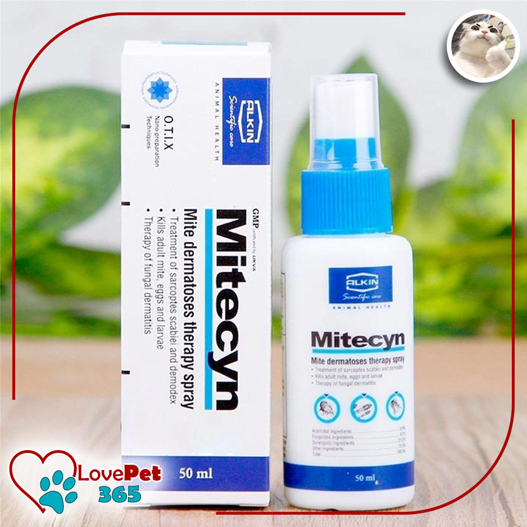 [Hoàn Tiền 10%] Thuốc trị ghẻ nấm viêm da Mitecyn 50Ml dùng cho chó và mèo chuyên ve rận bọ chét cho thú cưng - Love Pet 365