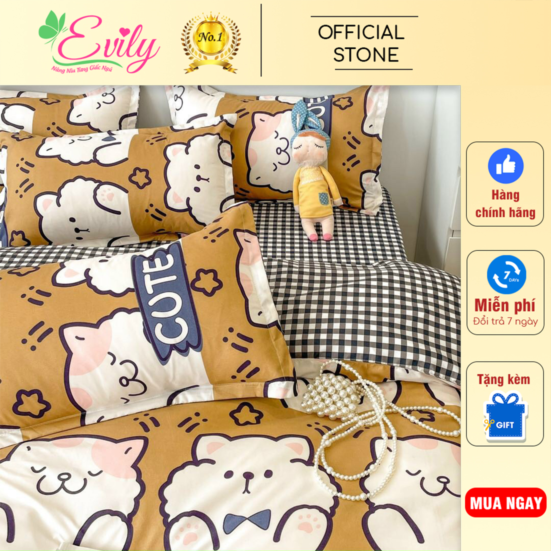 Trọn bộ chăn, mền, ga gối cotton poly mẫu gấu cute. dễ thương. thương hiệu evily các mẫu mới nhất, sang trọng, tinh tế mã pln001