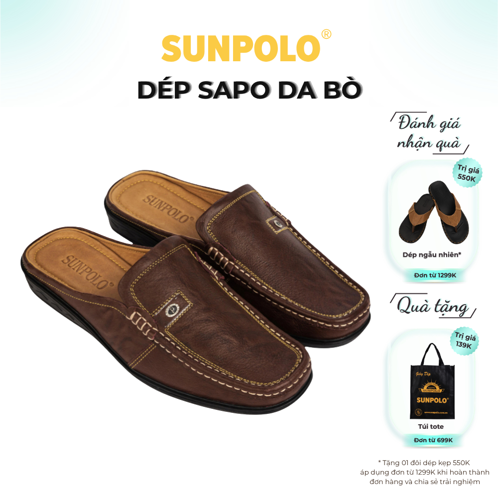 Giày sục sapo nam da bò cao cấp SUNPOLO SPO004 (Nâu)