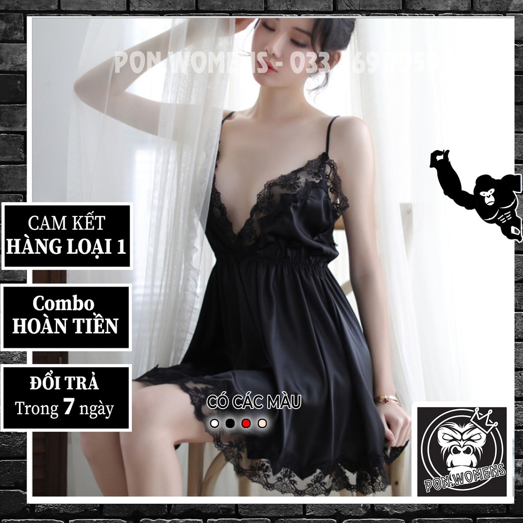 Váy đầm ngủ 2 dây lụa phi bóng ren quyến rũ màu đỏ, xám, đen 9070 pon.womens