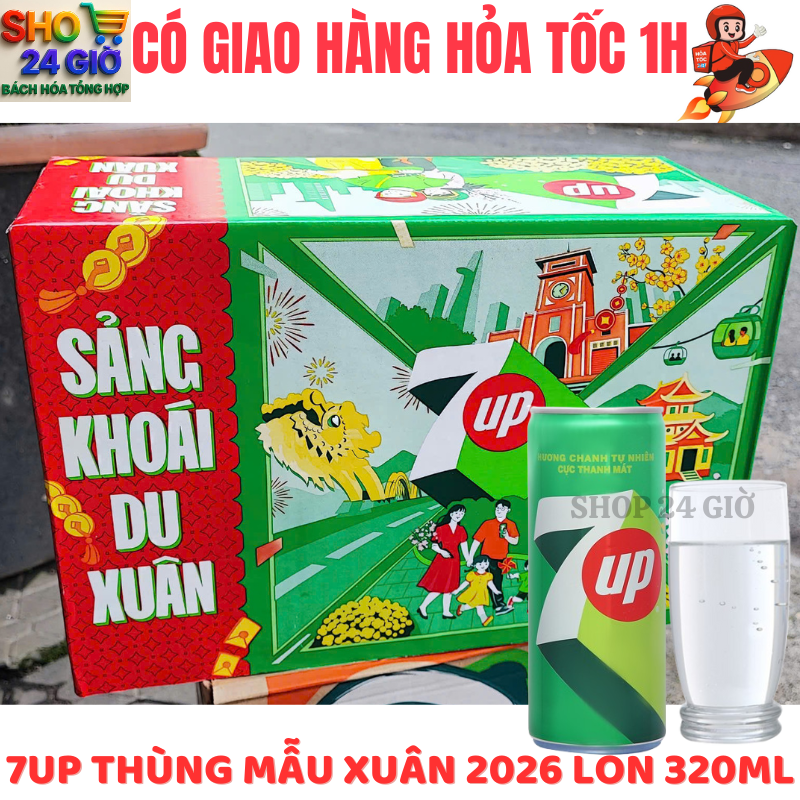 [ CHỈ GIAO ĐƠN HỎA TỐC Ở HCM ] 7Up Chanh Nước Ngọt Có Ga  Thùng 24 Lon 320 Ml Mẫu Xuân 2026