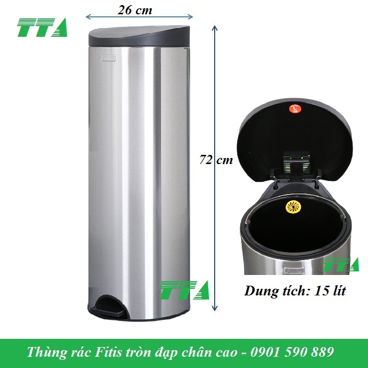 Thùng rác fitis inox tròn đạp cao 15 lít rpl1- 901