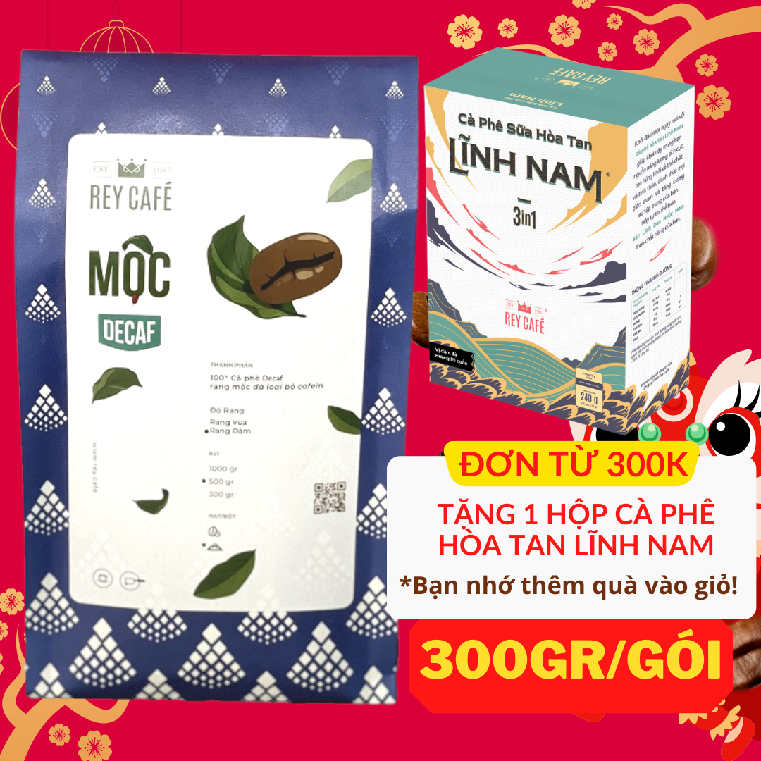 300gr Cà phê Mộc Decaf - Loại bỏ Caffeine - Rey Cafe - Phù hợp Người viêm dạ dày, rối loạn tiền đình, phụ nữ có thai và trẻ em