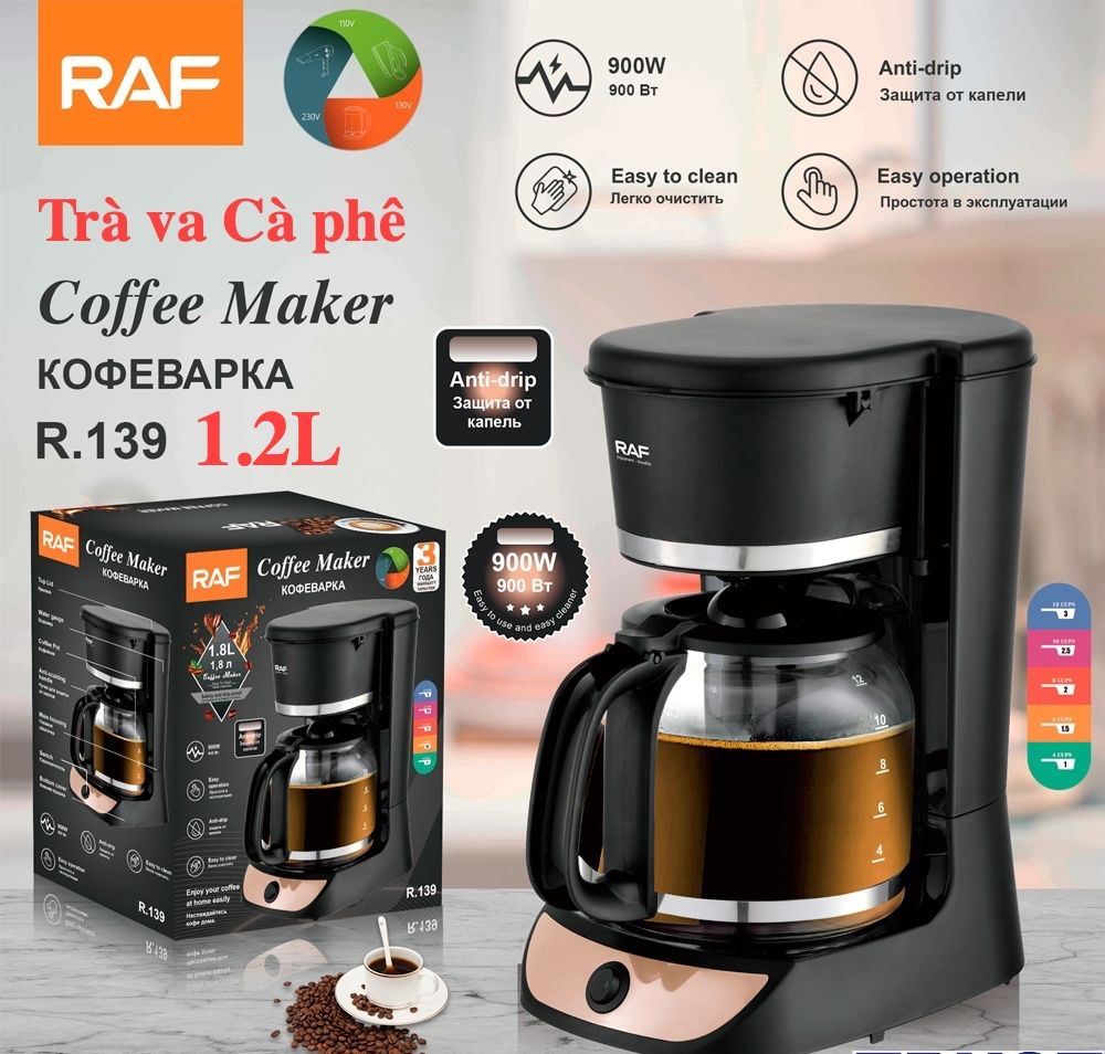 Máy Pha Cà Phê tự động RAF 1.2L-R.139, 0.6L-R.100, Công suất hoạt động 900W,  Tiêu chuẩn Châu Âu -Hàng Chính Hãng