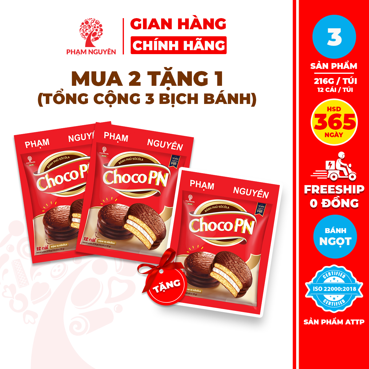  MUA 2 TẶNG 1 | Tổng cộng 3 Bịch Bánh phủ socola Choco PN Phạm Nguyên - Thương Hiệu Việt  216g | Bánh ăn vặt Socola | Đồ ăn vặt 